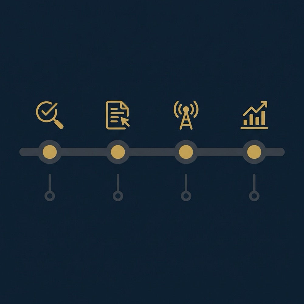 Minimal 30 day timeline infographic with vector icons for audit content outreach and reporting on dark navy background improve seo