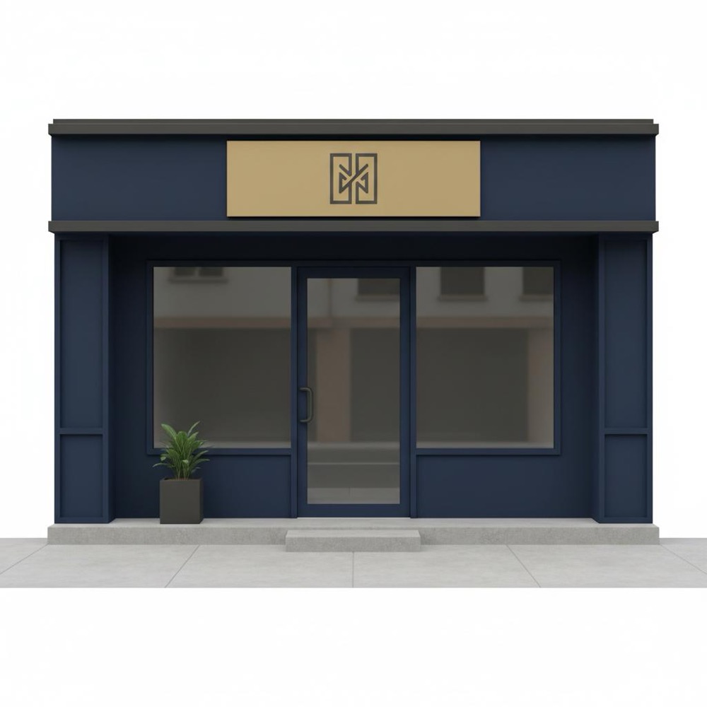 Minimalist small storefront exterior with clean entrance and simple sign in Orvus Ltd. gold #C8A45D against navy #0B1E33 background with #2E3237 accents, soft daytime lighting - local SEO