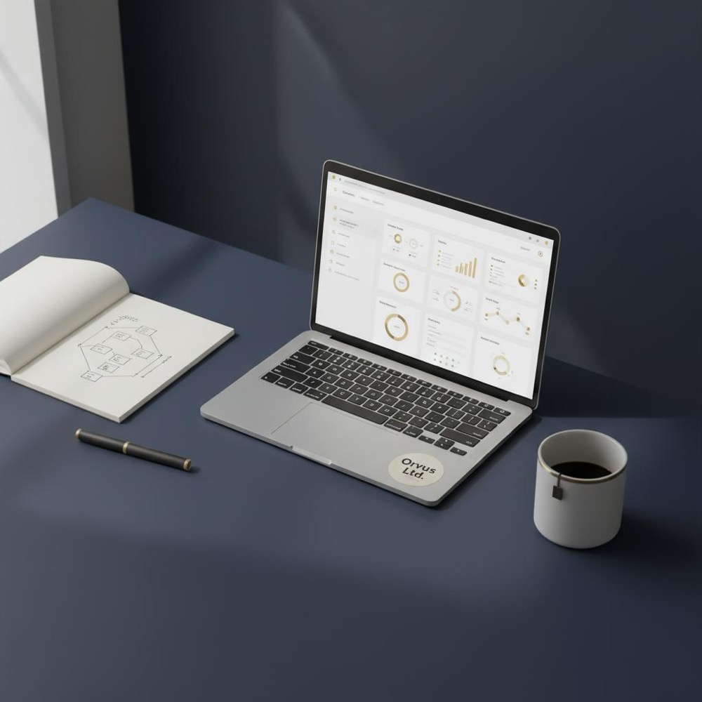 Minimalist modern workstation with laptop showing analytics dashboard, sitemap notepad and coffee cup with Orvus Ltd brand accents for an SEO career article.
