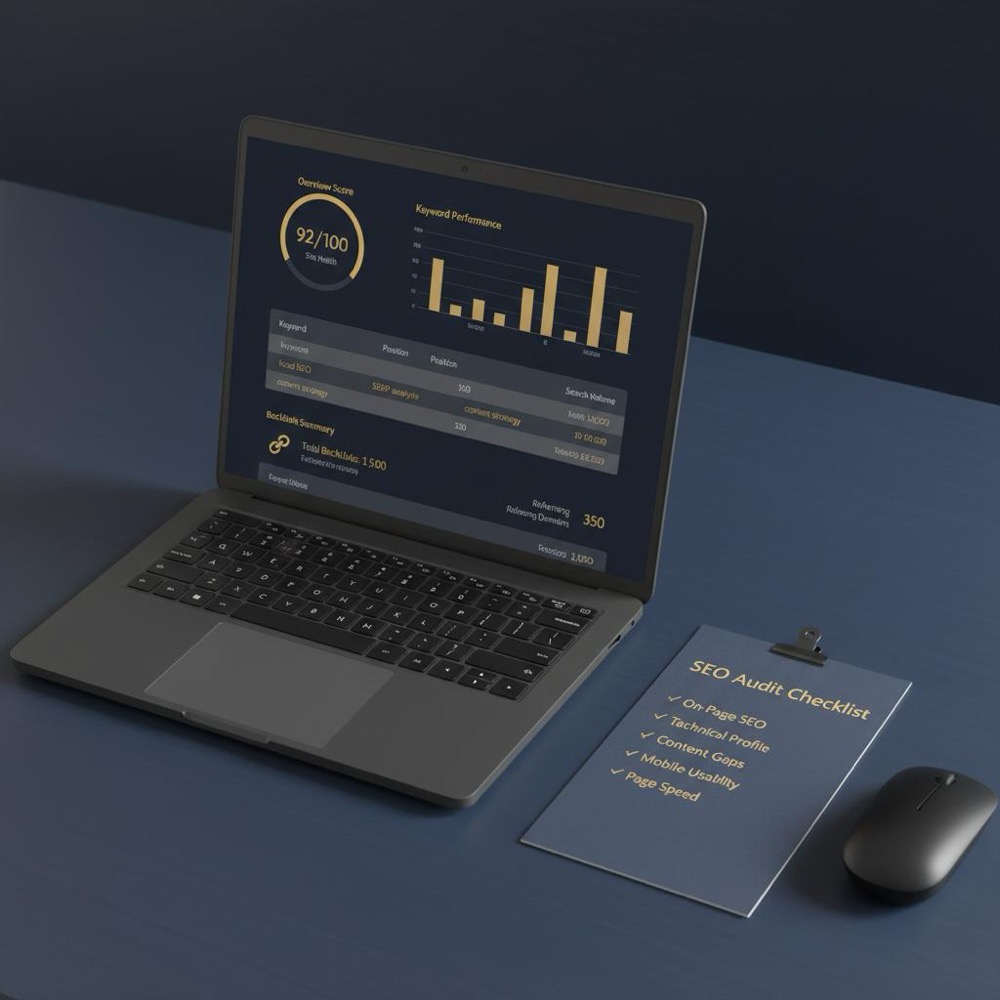 Close-up laptop showing an SEO audit dashboard and a printed checklist on a deep-blue Orvus-themed desktop, highlighting ahrefs free metrics in a minimalist layout