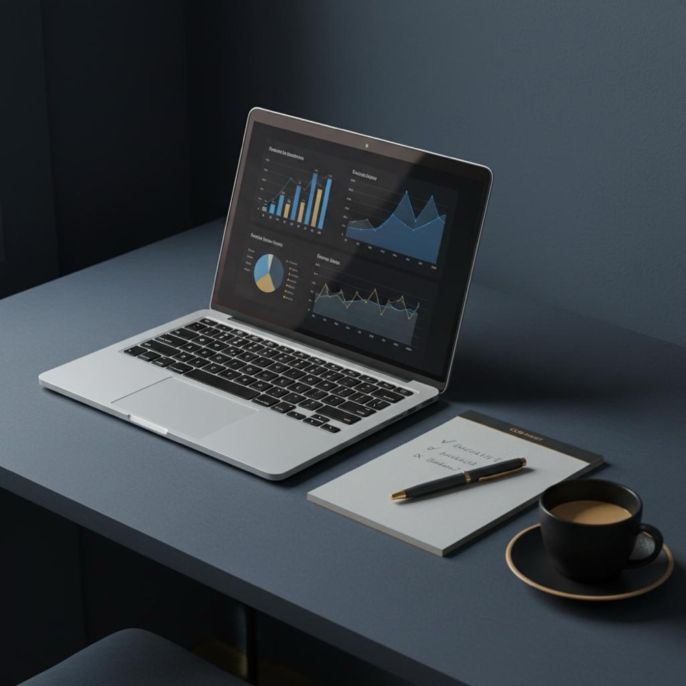 Minimalist desk with laptop showing analytics charts, checklist notepad, and coffee cup in Orvus Ltd brand tones, natural light - how to start SEO for beginners