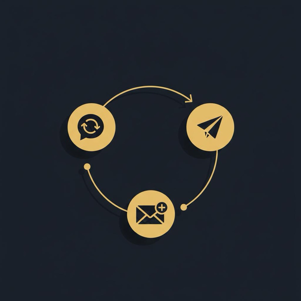 Minimal 2D vector infographic of a three-step marketing loop with icons for publish, email capture and re-engage on a dark blue background - how do I start writing a blog?