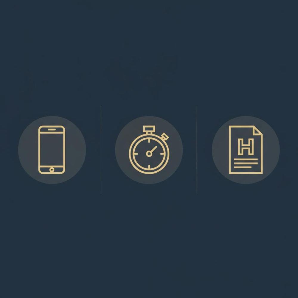 Minimalist 2D vector infographic with smartphone, stopwatch and document icons in Orvus Ltd brand colors on dark blue background for simple SEO.
