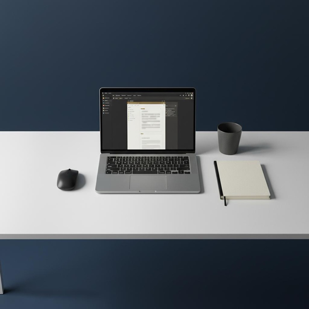 Overhead view of a minimalist editorial desk with laptop, notebook and cup in Orvus Ltd. colors, focused on tools and composition - which AI is better than ChatGPT