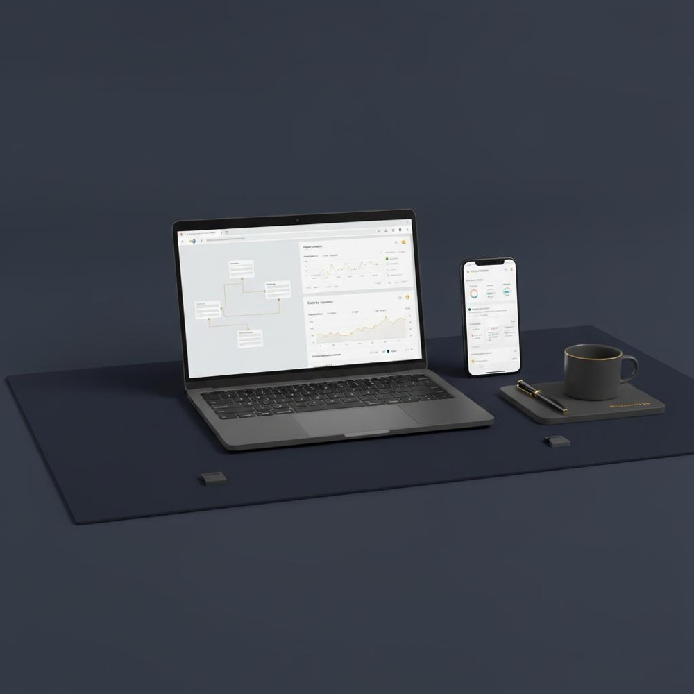 Minimalist developer workspace with laptop showing sitemap and Google Search Console report, smartphone webpage preview, neutral lighting, Orvus Ltd. navy background and gold accents, google seo