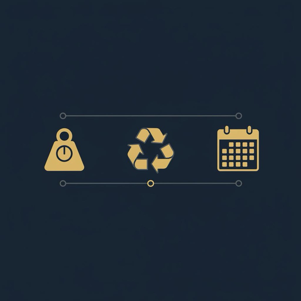 Minimal 2D vector infographic with weight scale, recycle symbol, and 30-cell calendar grid in Orvus Ltd colors to illustrate how to rank a website using SEO