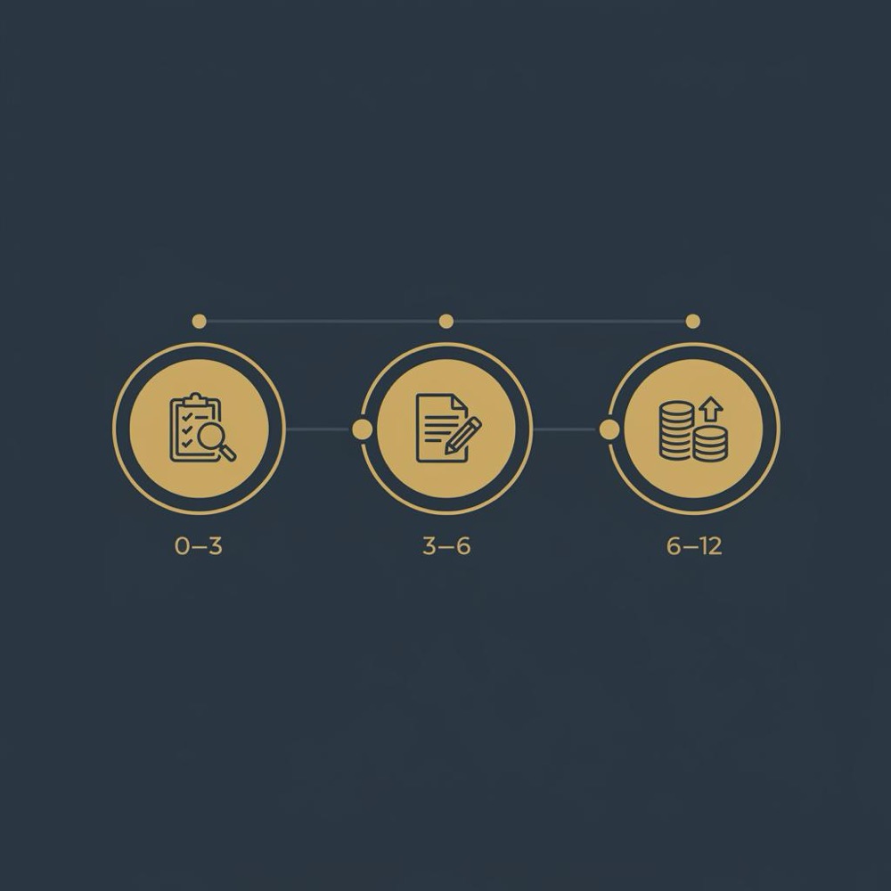 Minimal 2D vector timeline infographic showing 0-3, 3-6, 6-12 months with audit, content, and revenue icons in Orvus Ltd. palette; monthly SEO retainer