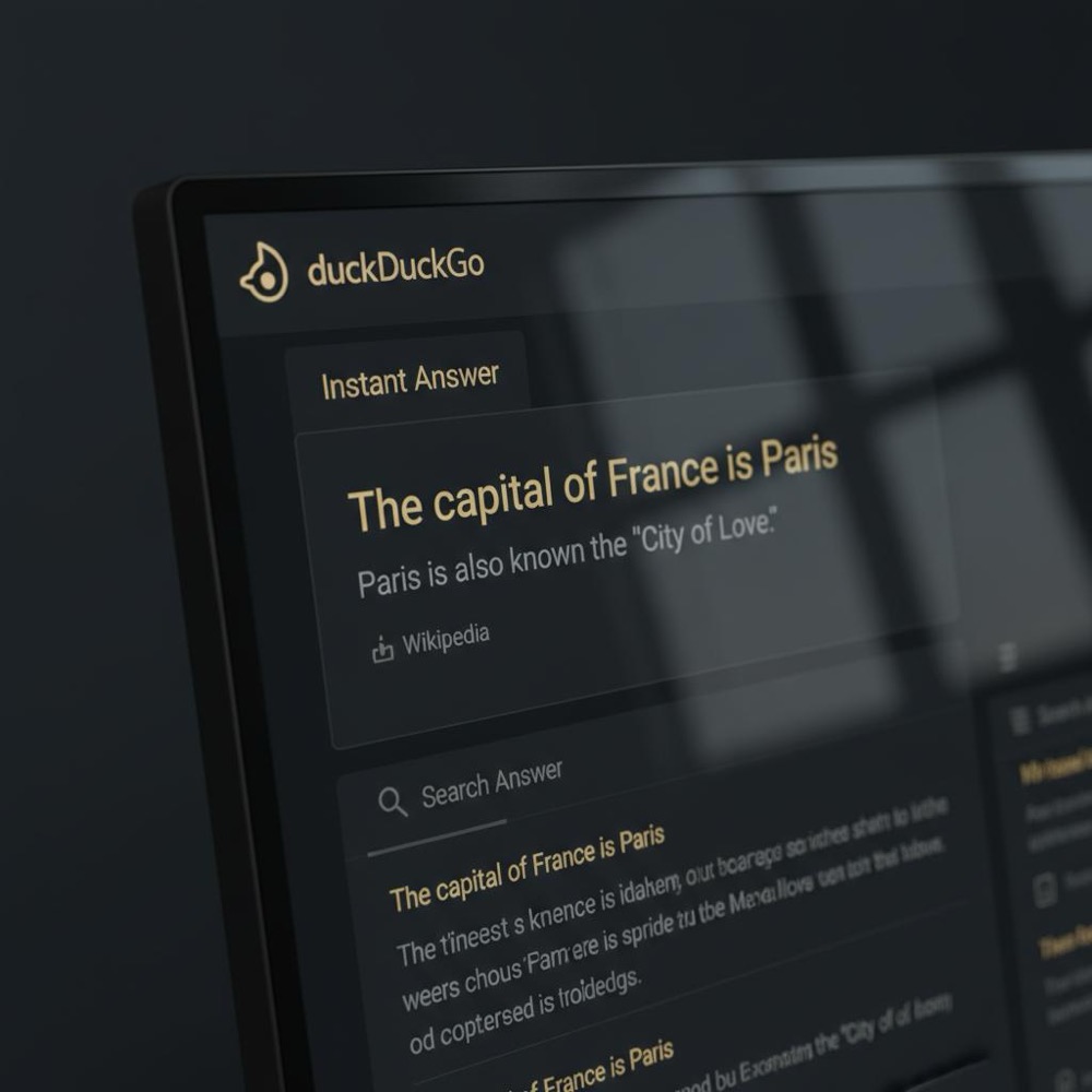 Close-up of DuckDuckGo search results on a dark Orvus-styled browser screen with a highlighted zero-click instant answers panel, minimalist layout, colors #0B1E33 and #C8A45D.