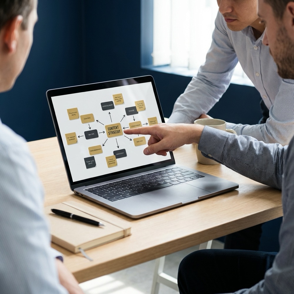 Small team reviewing a content map on a laptop during a planning session focused on seo optimized content showing workflows and notes
