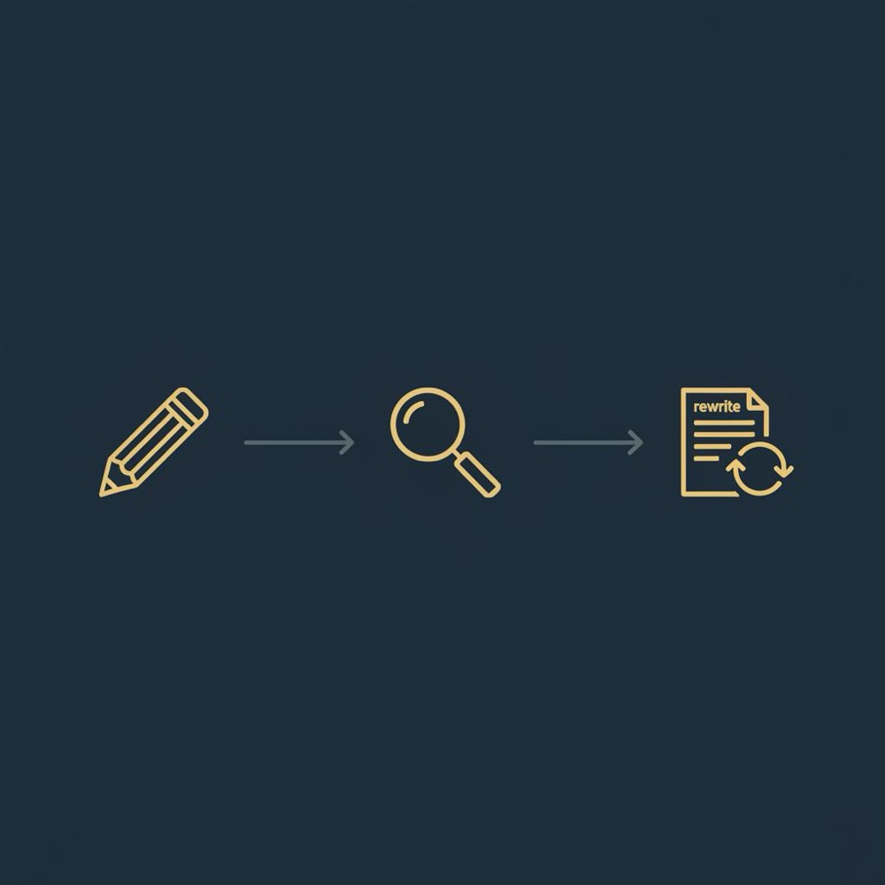 Minimal 2D vector infographic showing edit → revise → rewrite workflow with gold icons and grey arrows on a dark navy background #0B1E33, no text.