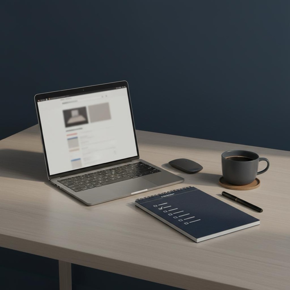 Minimal tidy workspace with laptop showing a webpage draft, checklist notebook and coffee cup in Orvus Ltd. brand colors - most effective SEO tactic