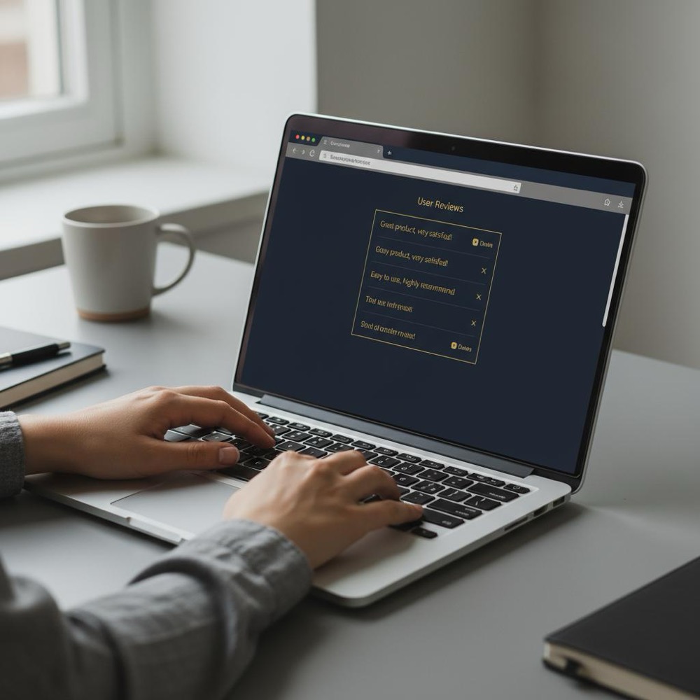 Close-up of hands typing on a laptop with a browser showing a reviews list and a highlighted delete review action, minimalist Orvus Ltd. navy background and subtle #C8A45D accents.