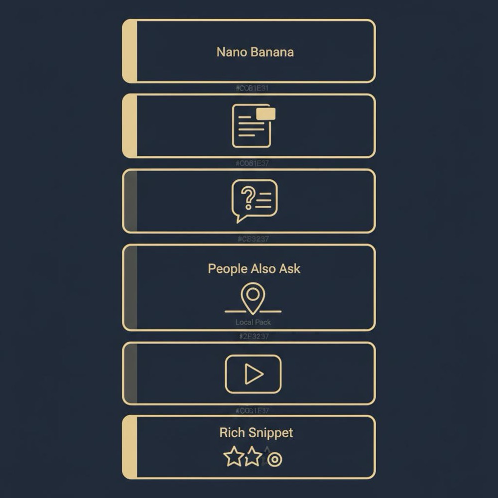 Minimal 2D vector infographic example of a SERP showing five icon-only sections - featured snippet, PAA, local pack, video, rich snippet - in Orvus Ltd. colors.
