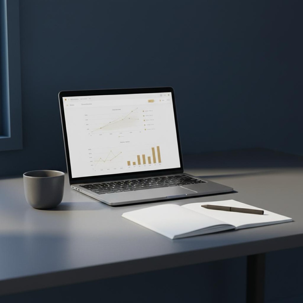 Tidy minimalist workspace with laptop showing analytics, notepad and coffee cup on navy background; perfect for content about get my website to the top of Google.