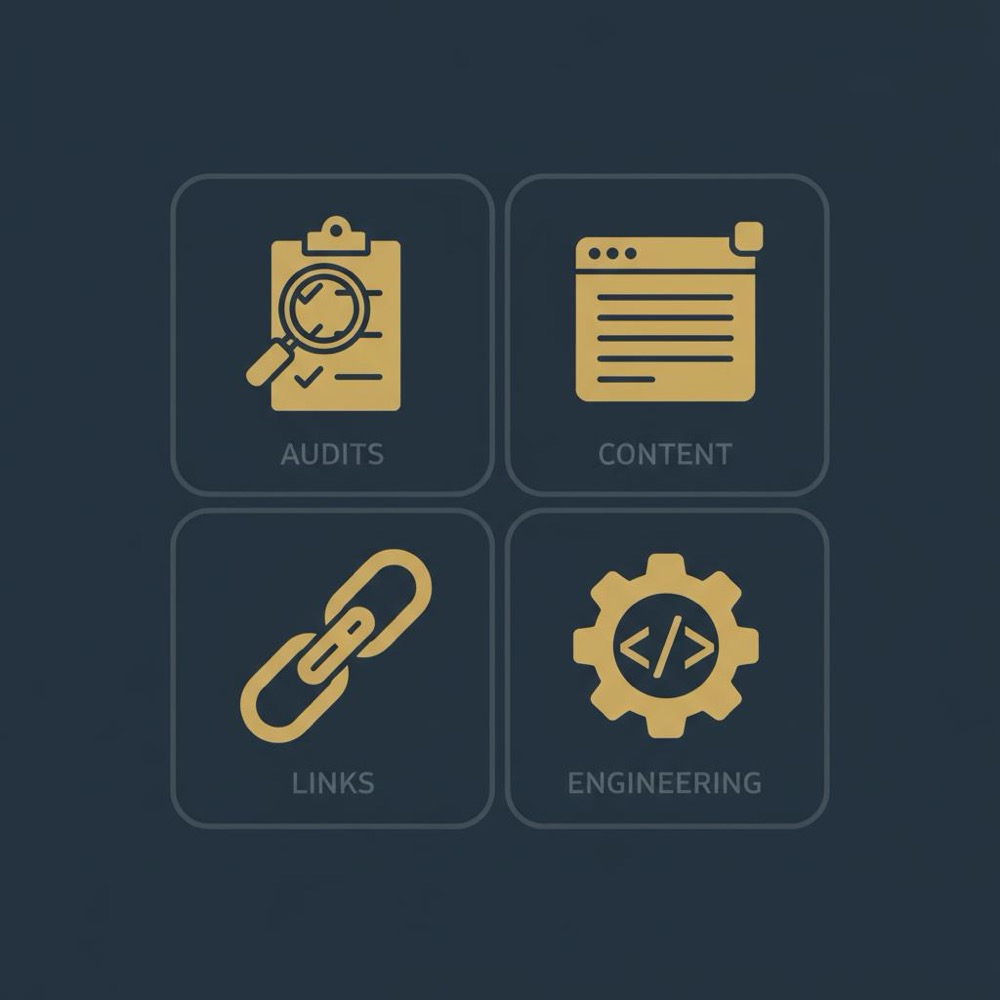 Minimal 2D vector infographic for monthly SEO pricing showing icons for audits, content, links, and engineering on dark #0B1E33 background with #C8A45D accents.