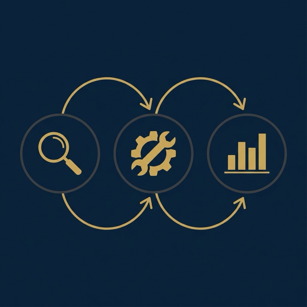 Minimal 2D vector workflow infographic showing three icons for audit remediation and measurement on deep navy background in Orvus Ltd brand colors google seo services