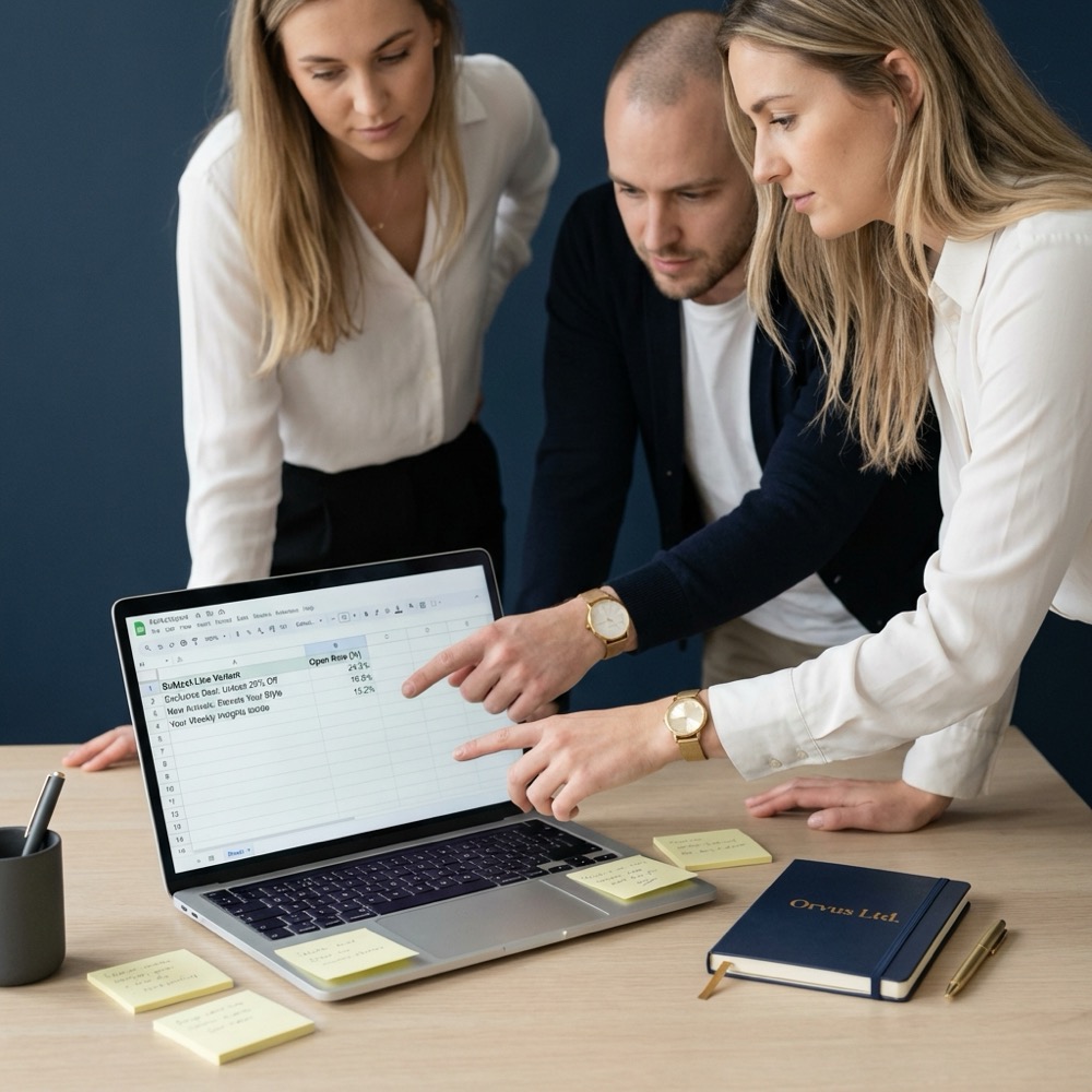 Marketing team reviewing email subject line variants on a laptop with sticky notes and a simple spreadsheet visible in a minimalist Orvus Ltd workspace writing a hook