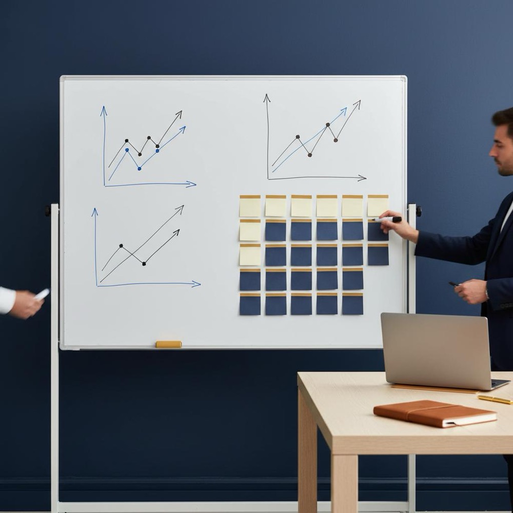 Editorial whiteboard session with sticky notes and graphs illustrating a collaborative SEO vs CEO strategy discussion in navy and gold Orvus Ltd. brand tones.