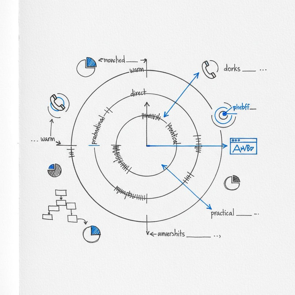 Hand-drawn voice map on a white textured notebook page with concentric circles, scribbled trait markers and phone, web, and ad icons illustrating Google LSA ads cost