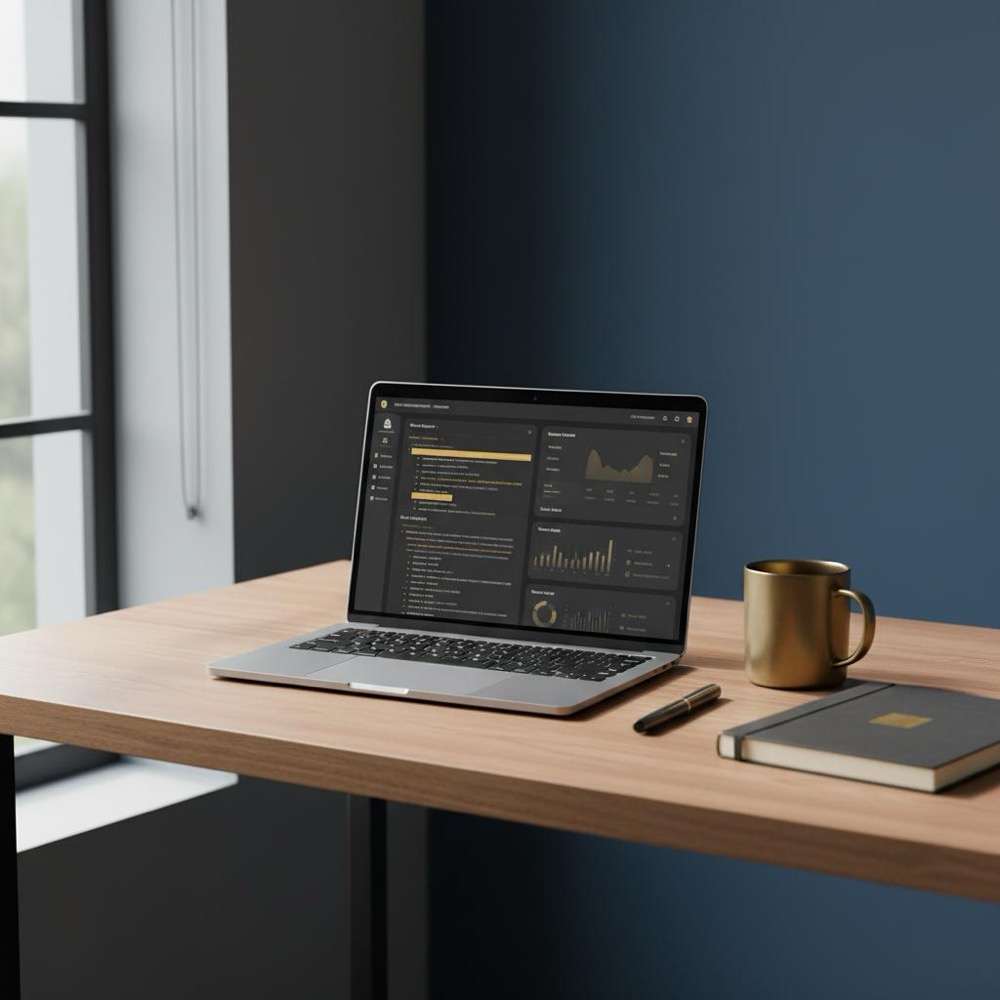 Minimalist content creator workspace with laptop showing a video transcript and social platform dashboards, natural light, Orvus brand colors, social media SEO focus.
