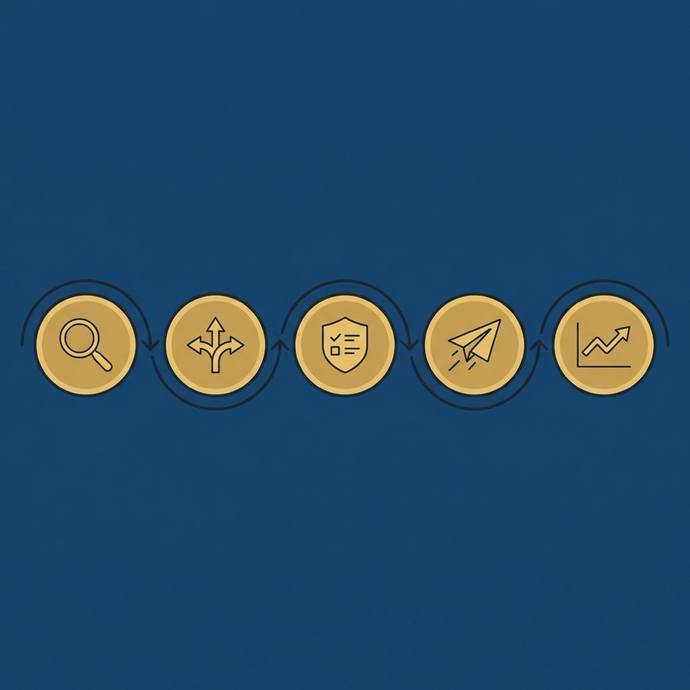 Minimal 2D vector decision flow infographic for buying backlinks with five icon nodes representing need alternatives vendor vetting pilot and monitor on dark blue background