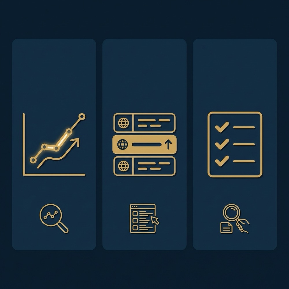 Minimal 2D vector infographic three columns showing serp ranking trends rank tracker snapshots and manual checks in Orvus Ltd brand colors