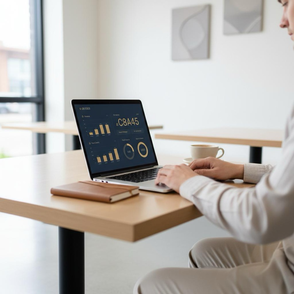 Small business owner at a cafe laptop reviewing a clean dashboard with simple charts and KPI tiles, natural light, minimalist layout - best seo tools for small business