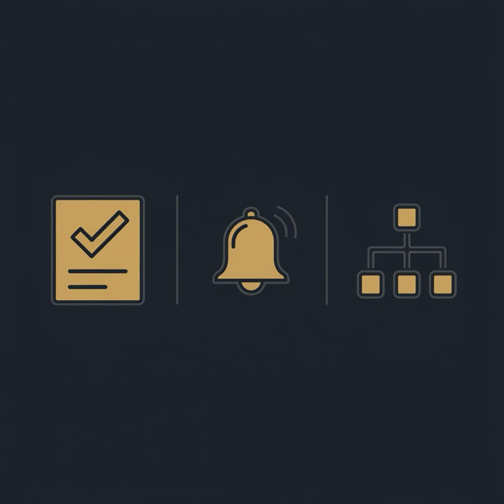 Minimal 2D vector governance infographic showing checklist, alarm channel and sitemap icons on dark blue background in Orvus Ltd brand colors - is seo an it skill