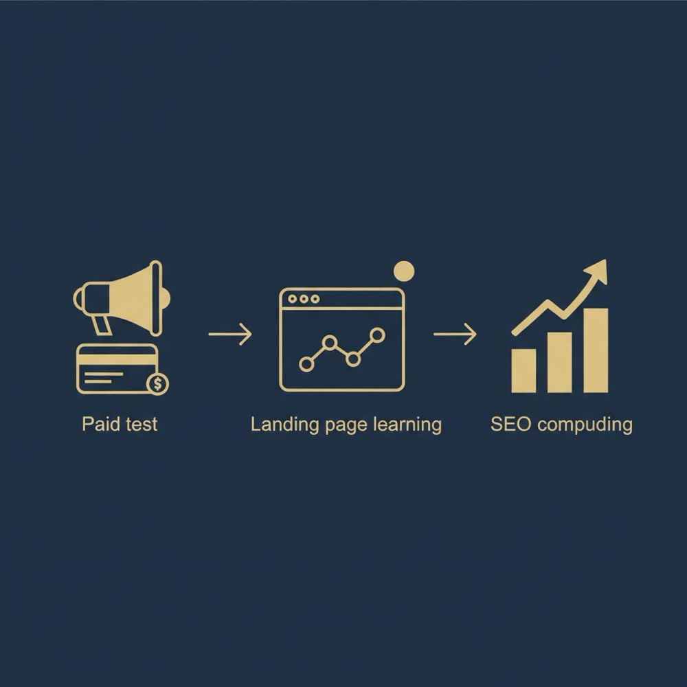 Minimal 2D vector infographic showing a three-step experiment flow (paid test, landing page learning, SEO compounding) for SEO vs Google Ads