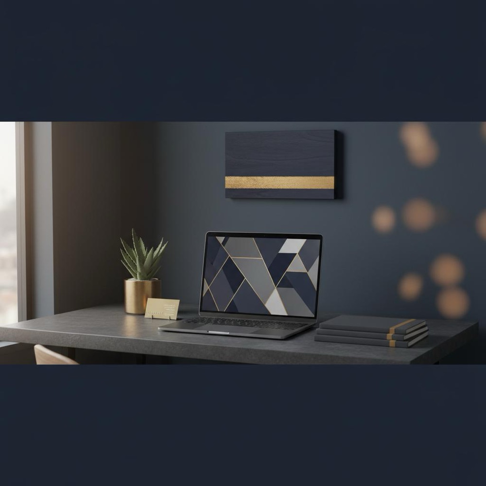 can small businesses use PPC - realistic high-resolution image of a minimalist small storefront or home office with Orvus Ltd colors (#0B1E33, #C8A45D), shallow depth of field, no people.