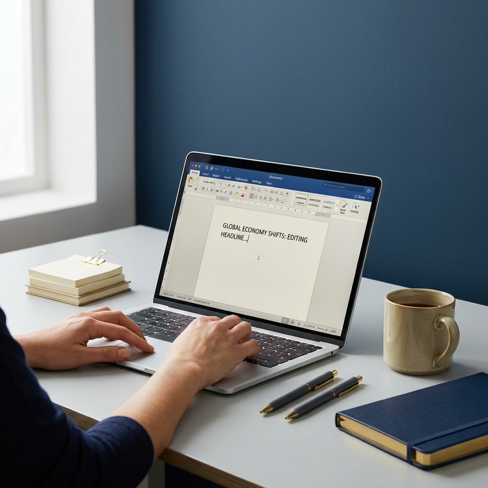 Writer editing a headline on a laptop with notes and a coffee cup showing an editorial workflow and writing a hook
