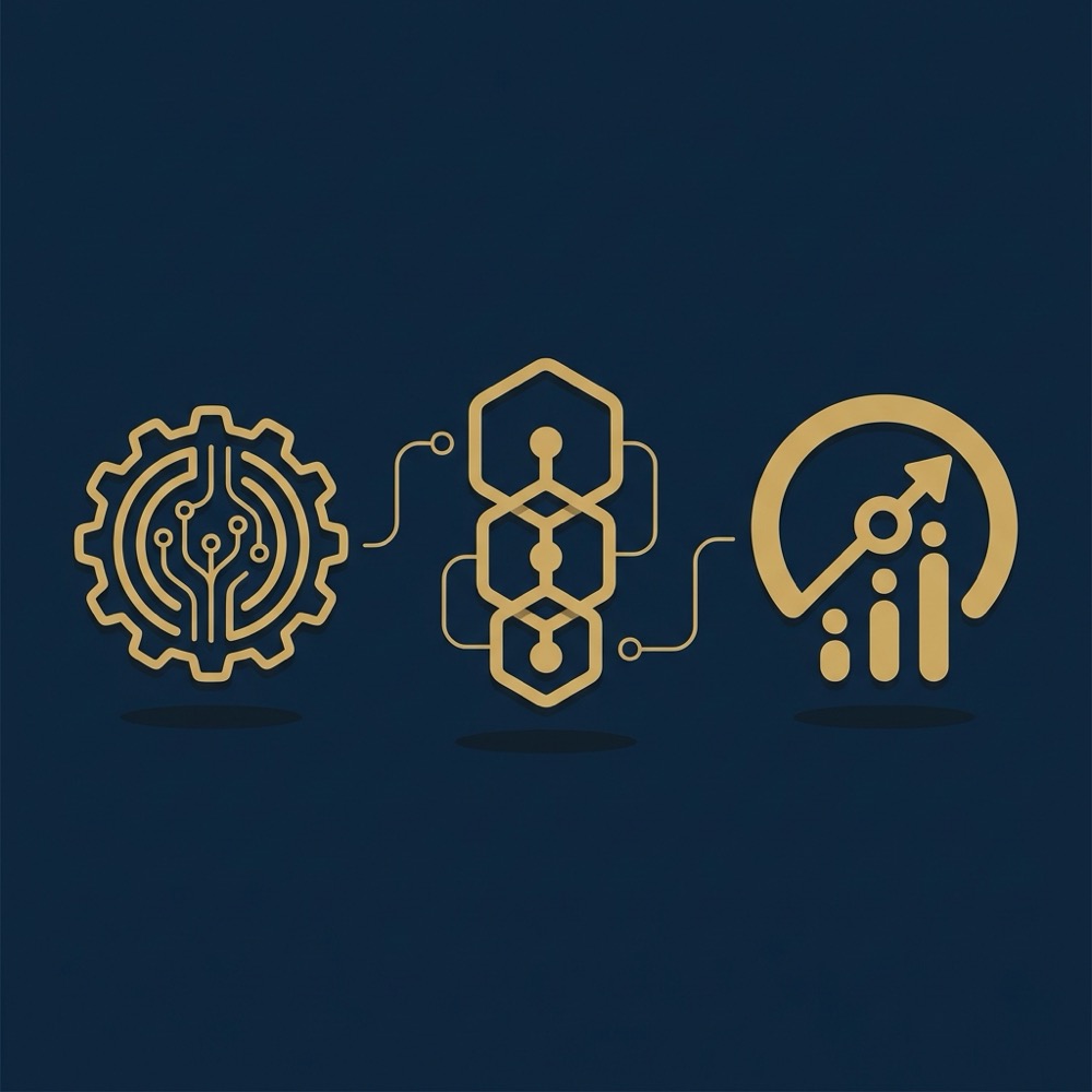 Minimal 2D vector infographic with three icons for technical SEO authority signals and measurement in Orvus Ltd colors voice search seo