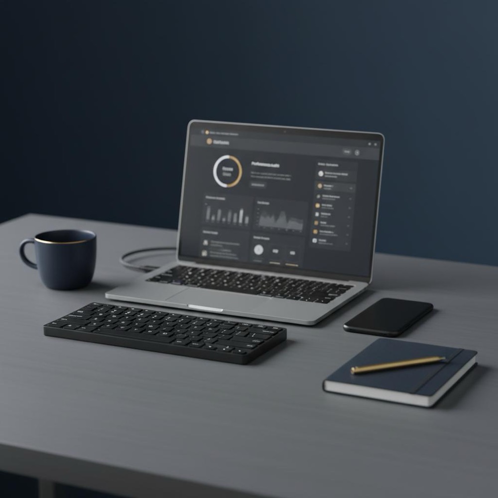 Close-up of a developer desk with laptop displaying a blurred website audit dashboard, coffee cup and smartphone; minimalist navy and gold branding for an AI website analyzer.
