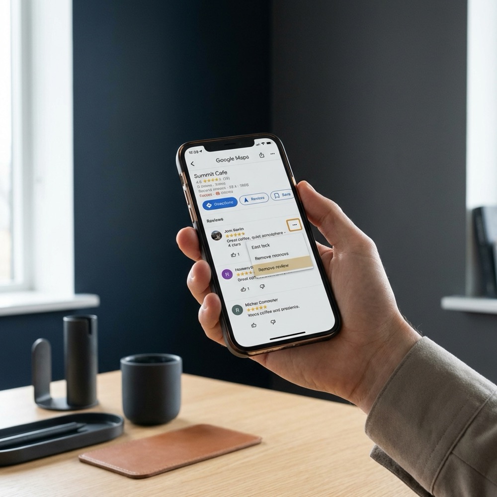 Person holding smartphone displaying Google Maps with a visible user review and option to remove a review in a minimalist office setting