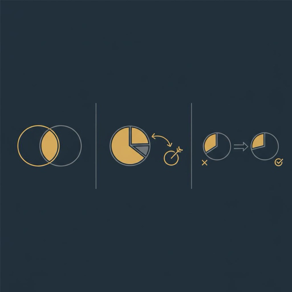 Minimal 2D vector infographic showing overlapping pie charts and an intent-focused pie slice with arrows on a #0B1E33 background for Semrush competitor analysis