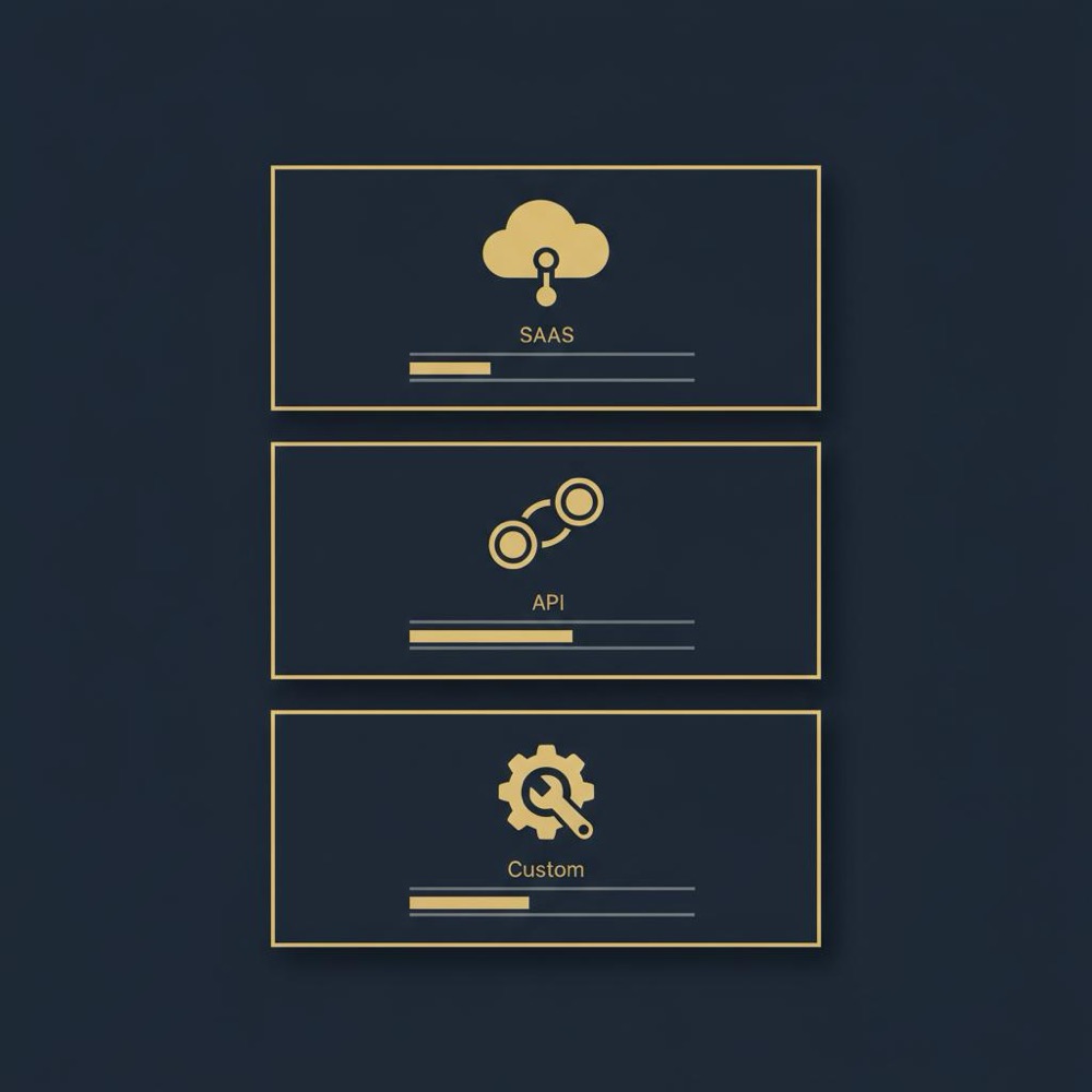 Minimal 2D vector infographic of three stacked cards with SaaS, API and Custom icons and icon-based cost indicators on deep navy background - small business AI cost