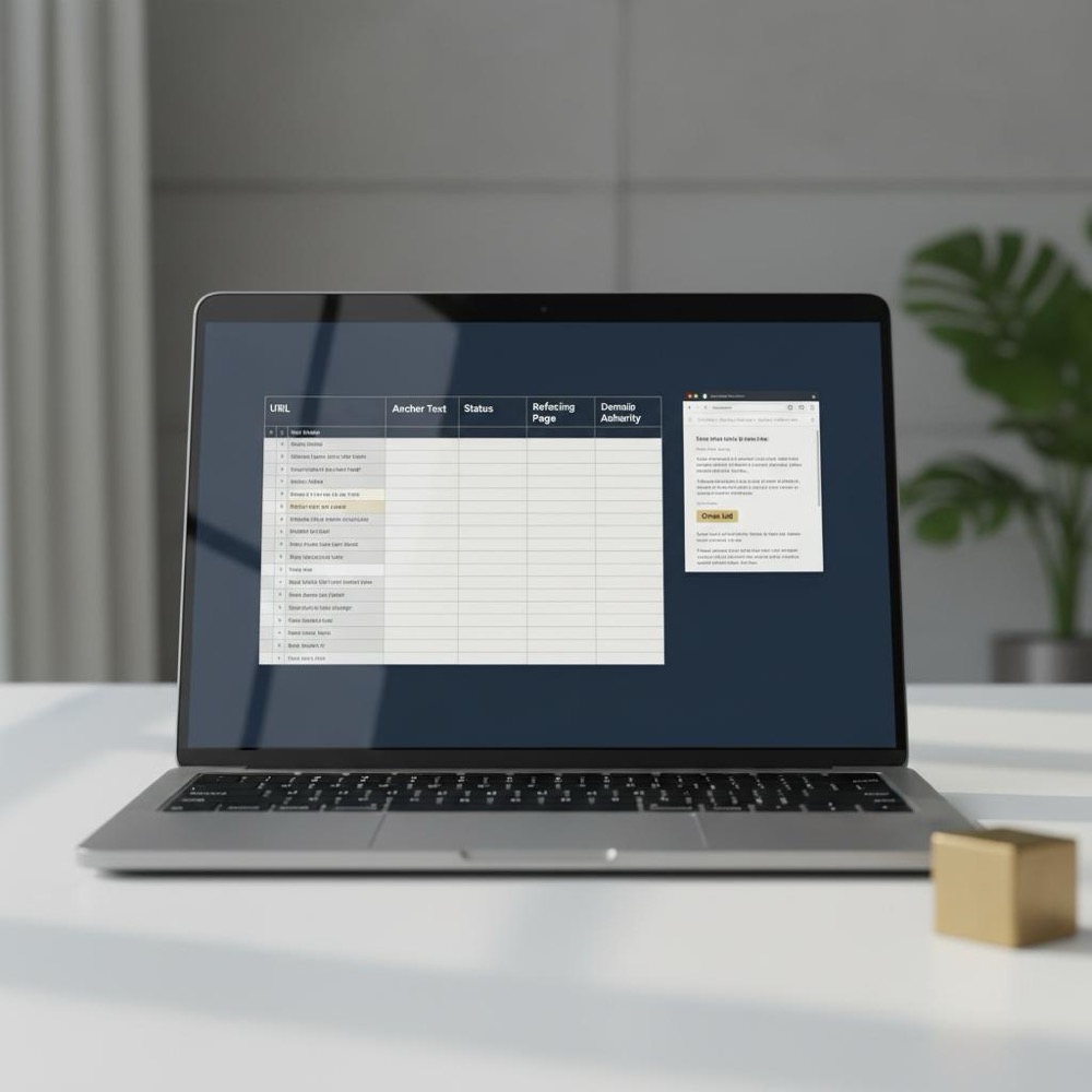 is buying backlinks illegal - minimalist close-up of laptop showing link-audit spreadsheet and browser open to a linking page with subtle Orvus Ltd brand colors