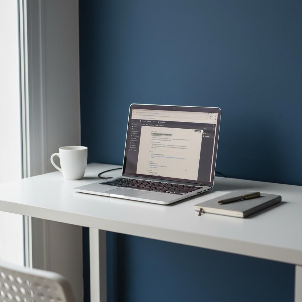 Minimalist workspace with laptop open to a blog editor, natural window light, Orvus Ltd. brand accents (#C8A45D); image for an article about best domain for SEO