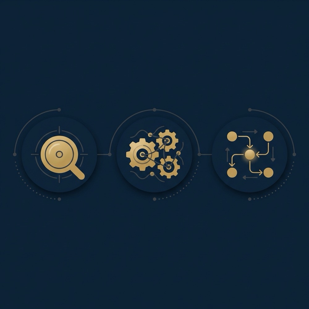 Minimal vector infographic showing three icon panels representing scope complexity and systems on dark blue Orvus background seo services pricing