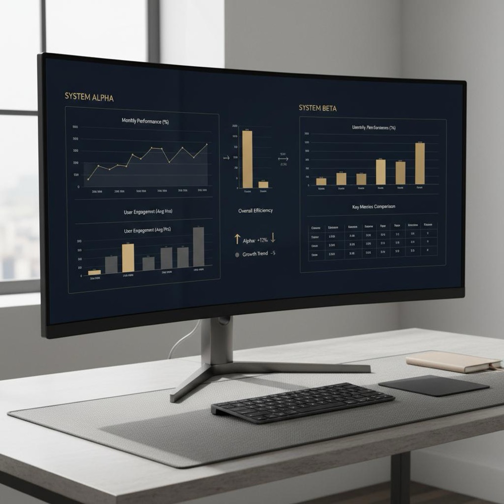Minimalist workspace showing a monitor with side-by-side market analytics comparing semrush vs similarweb in Orvus Ltd. navy and gold color scheme