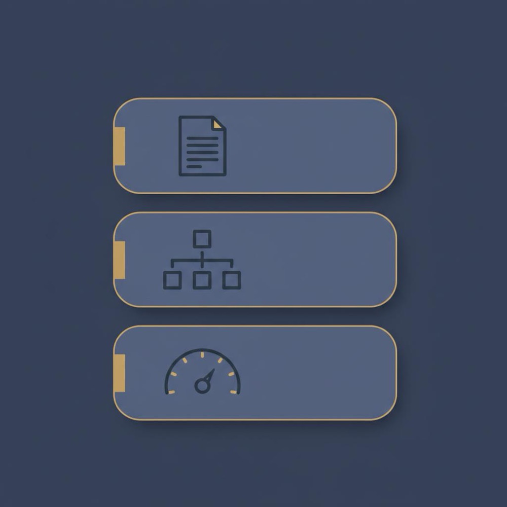 Minimal 2D vector on-page seo infographic: three stacked cards with icons for content, structure and performance in Orvus Ltd. palette #0B1E33 and #C8A45D