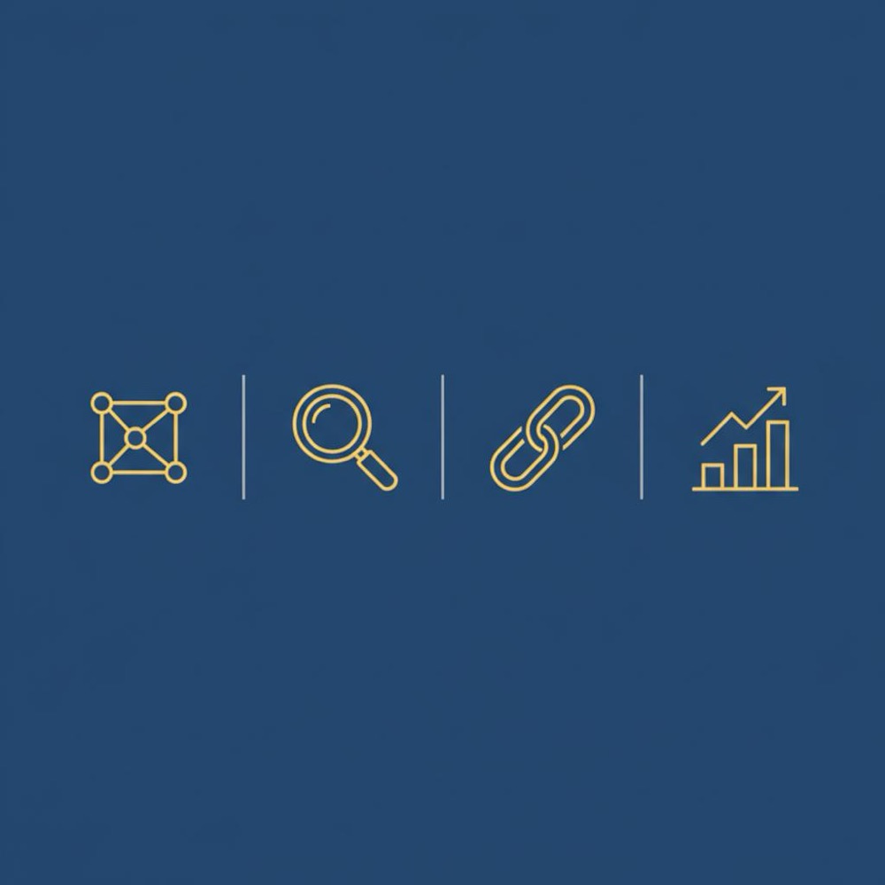 Minimal 2D vector infographic for an SEO firm: sitemap, magnifying glass, link chain and small growth graph on deep-blue #0B1E33 background with gold accents.