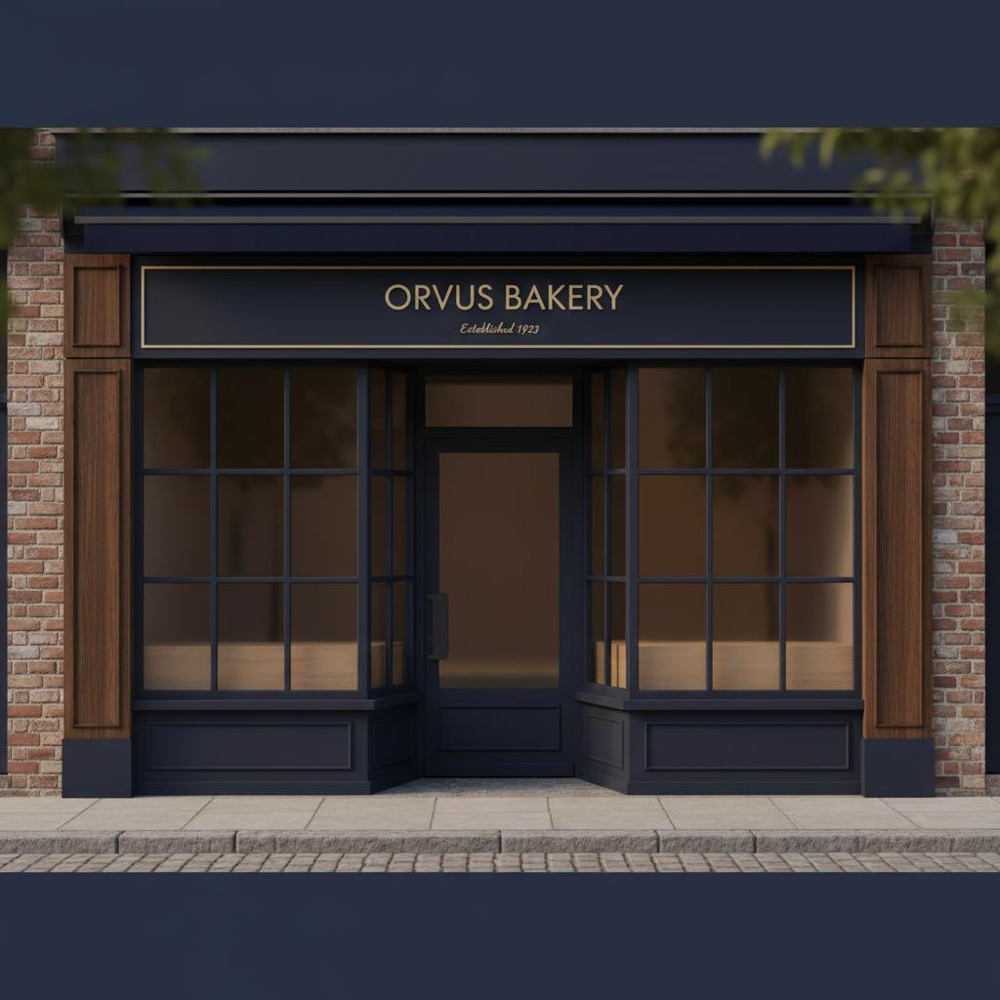 Is GoDaddy SEO worth it? Realistic photo of a minimalist neighborhood bakery storefront with Orvus Ltd. brand overlay #0B1E33 and #C8A45D, no people visible, signage in focus.
