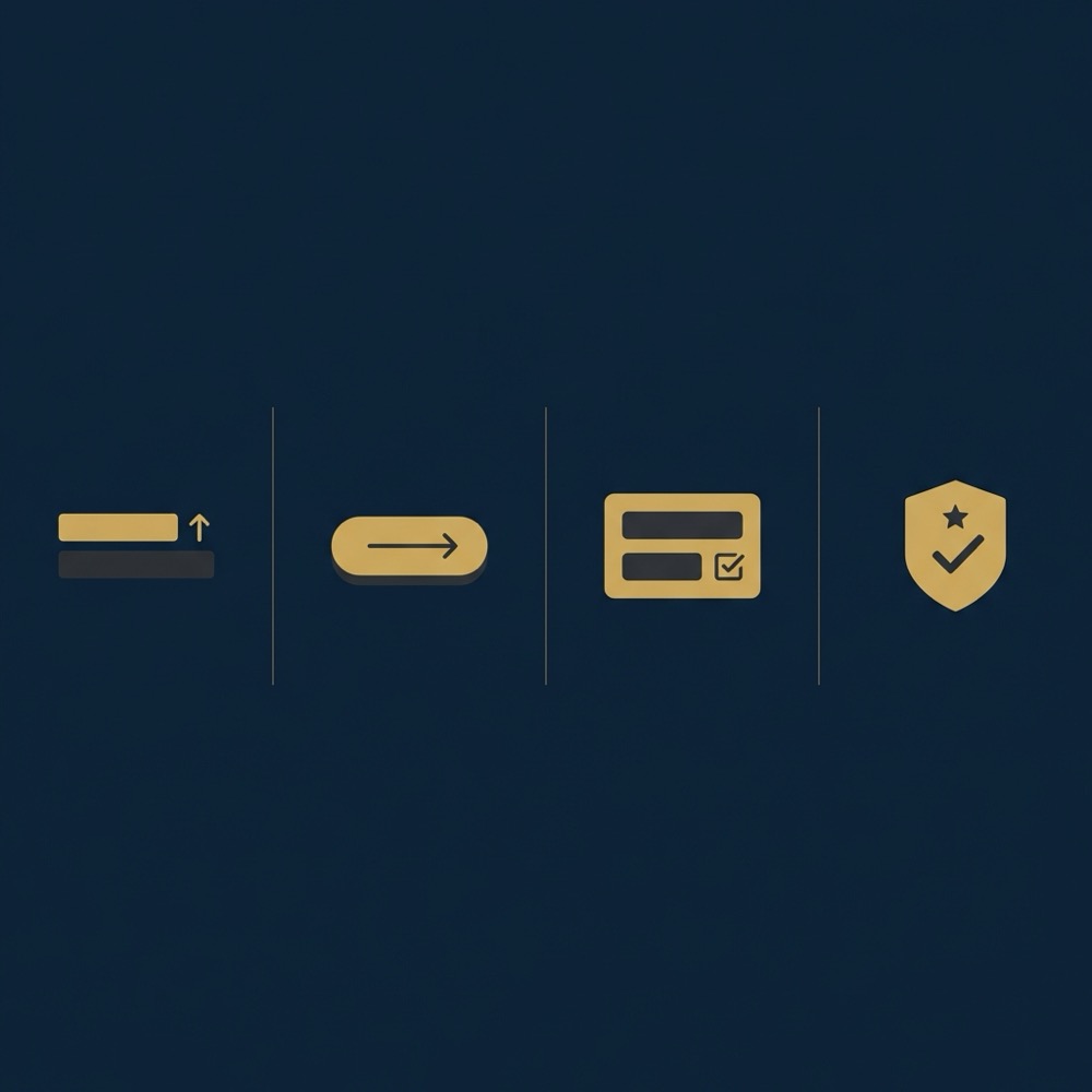 Minimal 2D vector infographic showing prioritized testing sequence for landing page optimization with icons for headline hero CTA forms and trust signals on dark blue Orvus Ltd palette