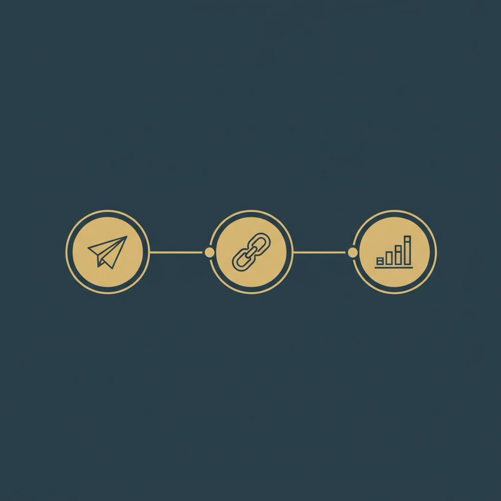 Minimal 2D vector timeline infographic for backlink services: three icon stages (outreach, placement, measurement) on #0B1E33 background with #C8A45D accents and #2E3237 details.