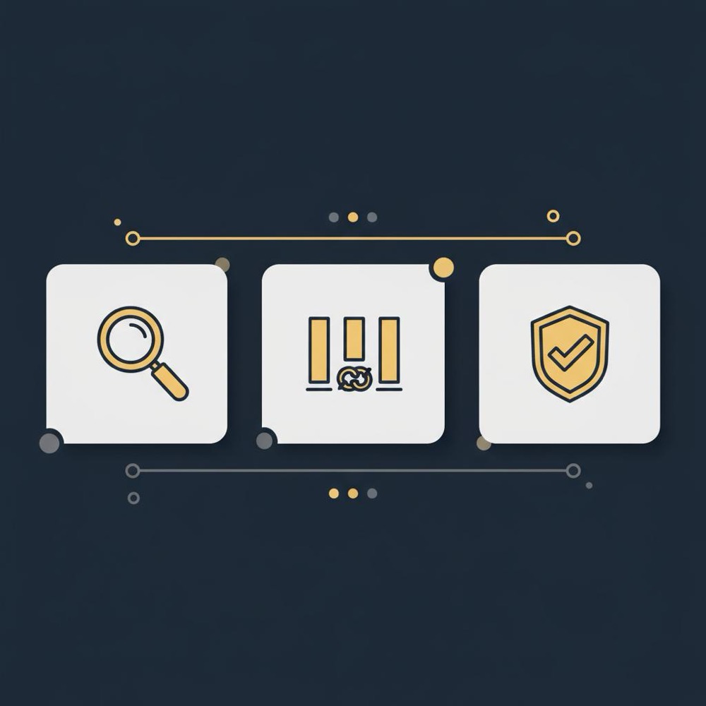 Minimal 2D vector infographic with three horizontal panels using icons for clarity, consistency, and accountability in Orvus Ltd brand colors, tailored for SEO professional.