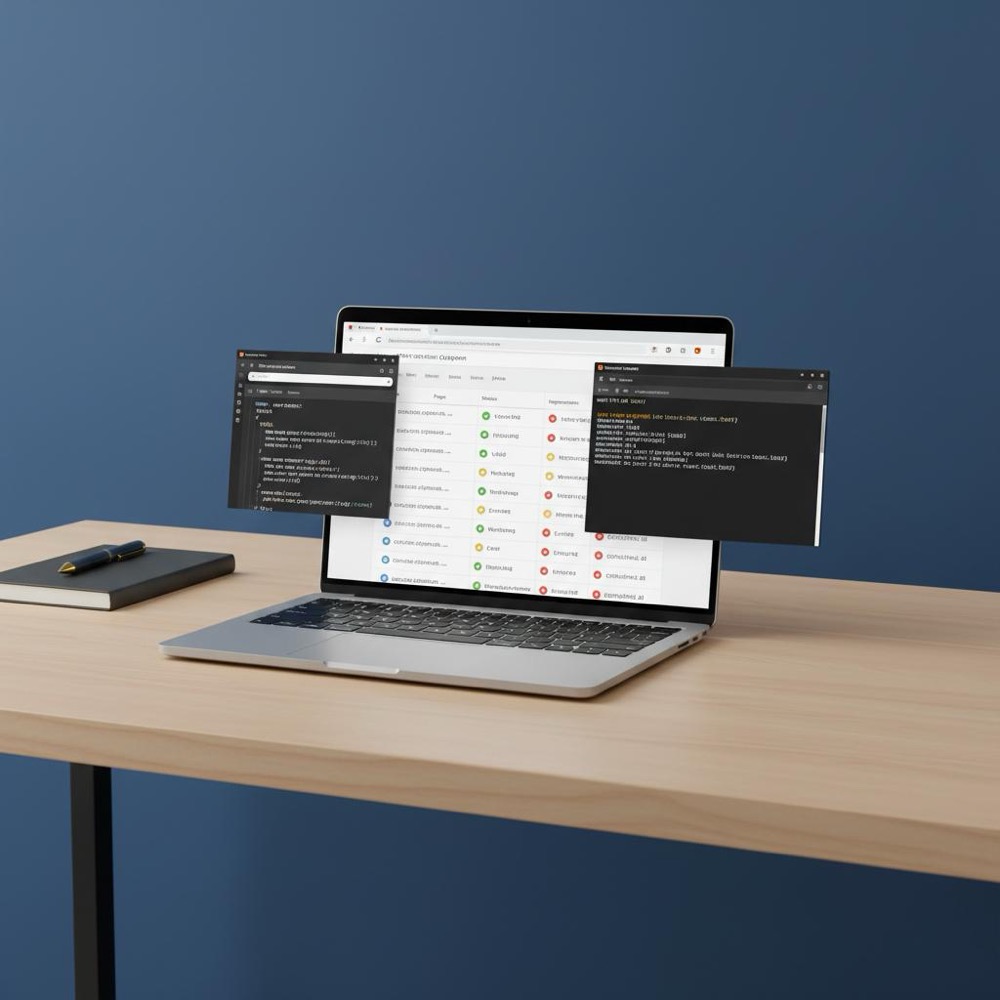 Minimalist technical audit workspace showing a laptop with Search Console coverage report, a terminal with curl output, and a browser page source view highlighting meta tags SEO on a #0B1E33 background