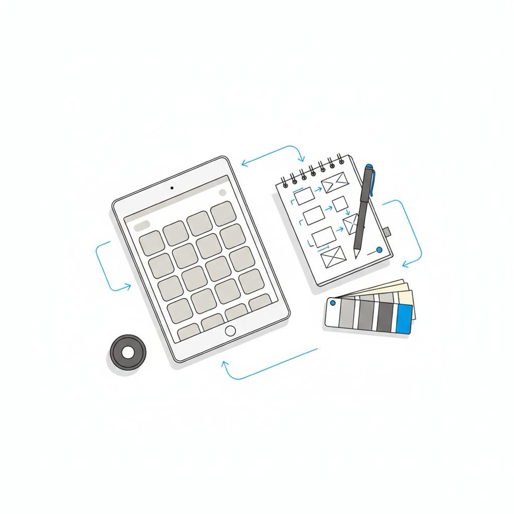 Minimal vector flatlay of tablet, pen, color swatches and camera lens cap suggesting planning for content and apps - What apps do most Instagrammers use?