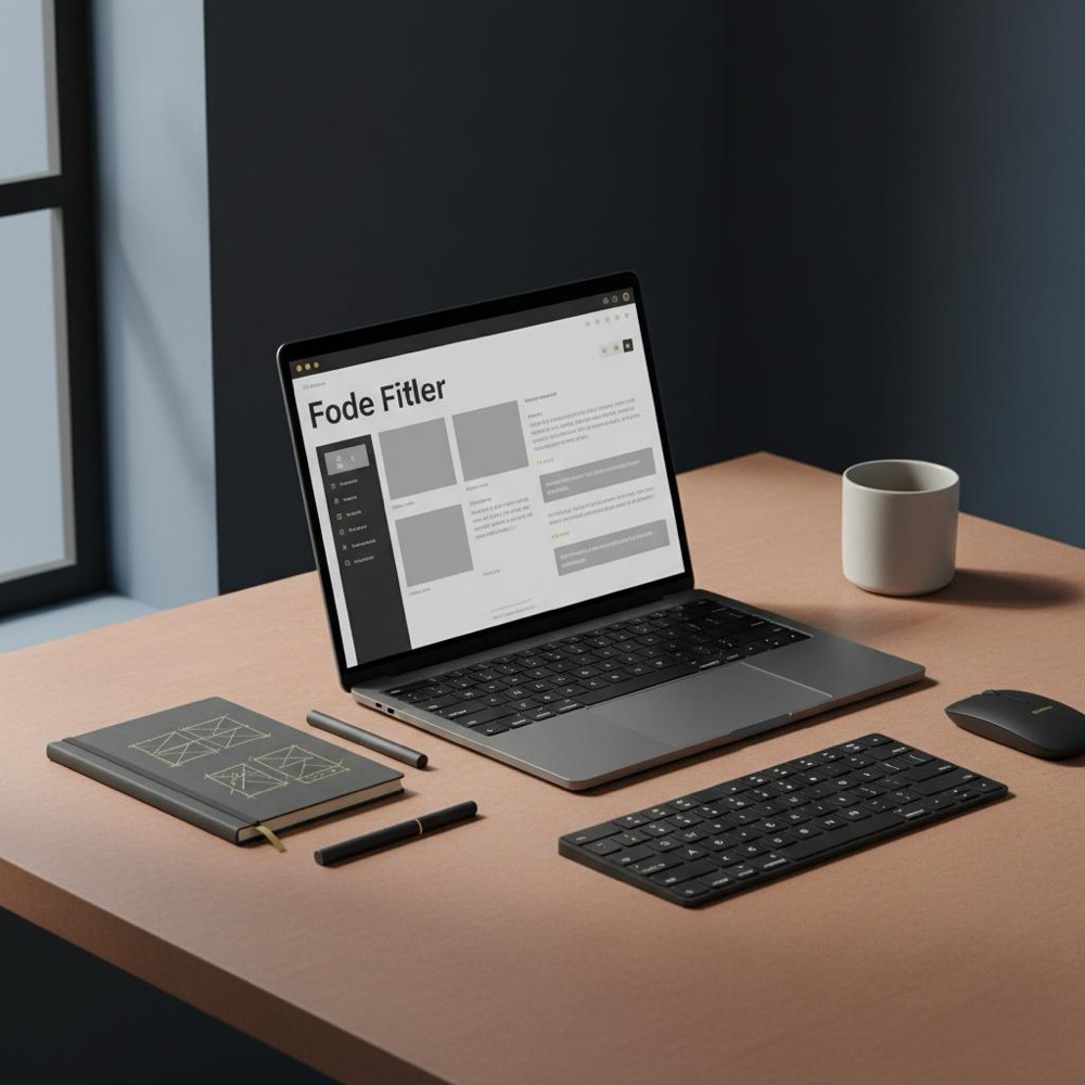 Minimalist editorial workstation with laptop showing a content editor UI and Orvus Ltd. brand accents, designed for an article about moving away from WordPress.