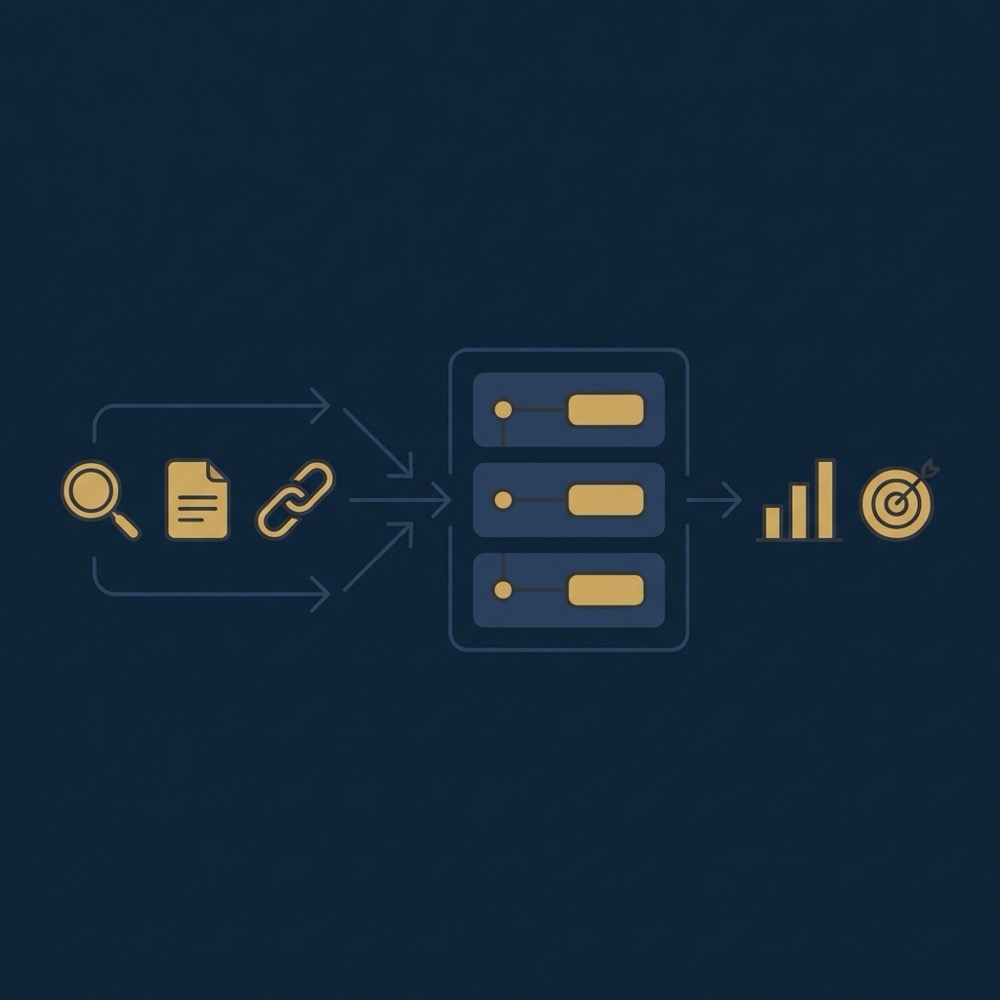 Minimal flat 2D vector infographic showing audit to roadmap workflow for search engine optimization seo services with icons for crawl content links converging to roadmap then to KPI cluster on navy background
